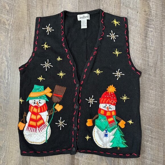Vintage 90s Christmas Snowman‎ Cottage Sweater Knit Button Vest Womens Medium - Picture 1 of 3